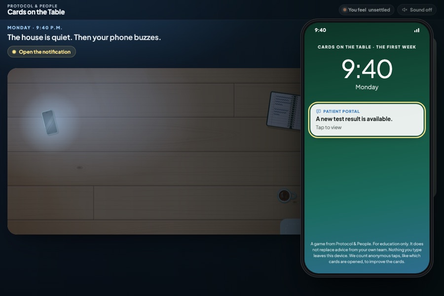 The first screen of The first months, one of the Cards on the Table interactive cards